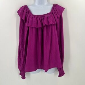 KNOX ROSE Women Size M Purple Textured Square Balloon Sleeve Ruffle Blouse Top